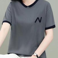 Women Grey Contrast Trim Short Sleeve T-Shirt With Letter Embroidery L pilka spalva