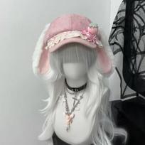 Rožinė Triušio Ausų Nėrinėta Kepuraitė Lolita Mielos Mergaitės Pliušinė Dekoratyvinė Beisbolo Kepurė One size fits all rožinė