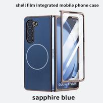 Skirta Samsung Galaxy Fold 7 6 5 4 3 galvanizuotas telefono dėklas, matinė tekstūra su grūdintu stiklu ir magnetiniu Galaxy Z Fold3 5G tamsiai mėlyna spalva