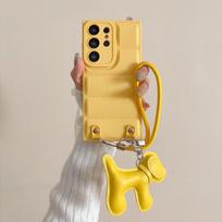 Leather Cartoon Dog Wrist Strap Phone Case for Samsung Galaxy S26 Ultra S25 S24 Plus S23 FE S22 A17 A07 Down Jacket Soft Cover Galaxy S26 Plus geltona