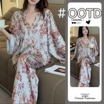 Spring & Summer Ice Silk Floral Kimono-Style Luxury Pajama Set - Loose Fit, Long Sleeve Size 2 (XL, XXL)