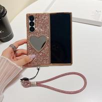 For Samsung Z Fold 7 Dazzle Gradient Diamond Love Heart Mirror Wrist Strap Phone Case For Samsung Z Fold 6 5 4 3 Anti Drop Cover Galaxy Z Fold7 rožinė
