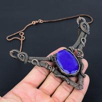 Lab-Created Blue Sapphire Gemstone Pure Copper Wire Wrapped Handmade Jewelry Necklace 18 Inches mėlyna