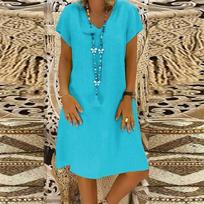 Women's Casual Color Knee Length Dress V-Neck Pullover Loose Short Sleeve Dress S