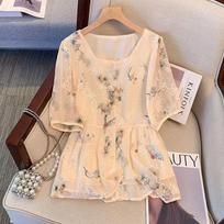 Women Light Beige Floral and Bird Embroidered Chiffon Blouse M smėlis