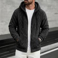 Men Zip-Up Hooded Fleece Jacket With Cable Knit Texture S juoda