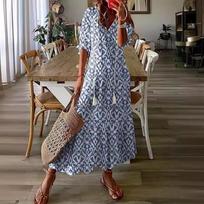 Vasarinė moteriška suknelė V formos iškirpte, trumpomis rankovėmis, ilga, elegantiška, su gėlių raštu, laisva, bohemiško stiliaus moteriški drabužiai S mėlyna