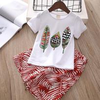 Kids Girls Suit Short Sleeve Printed T-shirt Tropical Rainforest Style Loose Wide Leg Pants Casual Outfit 160 raudona
