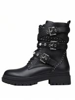 Moteriški Punk Combat Batai Rudens Kulkšnies Sagtis Dirželis Kniedės Perlas Cirkonio Šoninis Užtrauktukas Platforma Šnyplės Rudens Batai 35 black