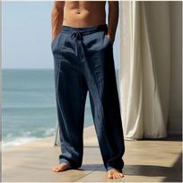 Men Linen Blend Elastic Waist Drawstring Wide Leg Pants S tamsiai mėlyna spalva