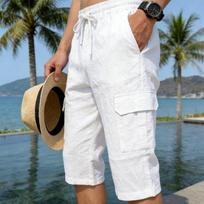 Men White Linen Blend Cargo Capri Pants With Elastic Waist M balta