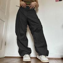 Moteriškos laisvalaikio bėgimo kelnės Techninės kelnės Vintažinės tvirtos žemo juosmens surišamos kelnės Y2K plačios sportinės kelnės Streetwear krovininės kelnės S juoda