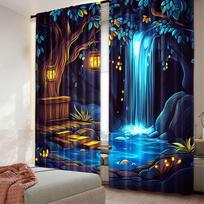 2Pcs Fantasy Curtain Enchanted Forest With Cave Waterfall And Magic Tree For Bedroom Living Room And Dining Room 29.53X65.35In, 60×150