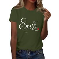 Women's Smile Letter Printed Round Neck T-Shirt Short Sleeve Top L armijos žalia spalva