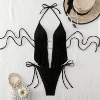 European and American split bikini beaded double rope tether irregular split swimsuit solid color sexy bikini S juoda