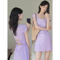 Purple long skirt women's early summer short-sleeved huge beautiful seaside wear waist thin hip slim dress S