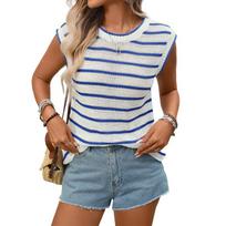 Women Round Neck Sleeveless Striped Knit Tank Top S mėlyna