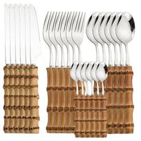 24Pcs Purely Natural Bamboo Handle Silver Cutlery Set Tableware Set Knife Spoon Fork Flatware Stainless Steel Dinnerware Set