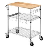 Kitchen Utility Cart, 3 Tier Heavy Duty Adjustable Wire Storage Rack with Wood Tabletop and Handle Bar, Rolling Portable Service Trolley on Wheels,
