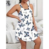 Ladies casual pajamas, butterfly print round neck curved hem tank nightgown, spring and summer cool home wear S