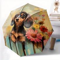 1pc Automatic Open/Close Umbrella with Floral Fence&Dachshund Design,Compact Travel Umbrella with 8-Rib Strong Frame,Porta