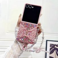FOR Samsung Galaxy Z Flip 7 6 5 4 Flip6 Flip7 FE Phone Case with Bling Butterfly Bracelet Chain Hard Shockproof Back Cover Galaxy Z Flip6 rožinė