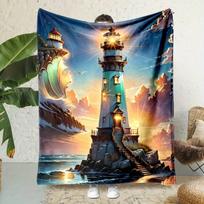 Lighthouse Sunset Blanket Ocean View with Beacon Light Scenic Coastal Art Design Soft Flannel Throw for Home DecorCozy Gift Idea 75x100cm