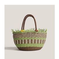Fruit Picnic Vegetable Basket Portable Tote Bag Women Large Capacity Color Contrast Beach Vacation Handmade Woven žalia