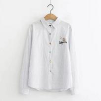 Women Embroidered Shirt Long Sleeve Button Down Casual Blouse S mėlyna
