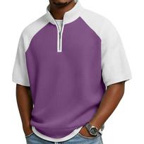 Men Waffle Knit Half Zip Stand Collar Color Block T-Shirt S violetinė