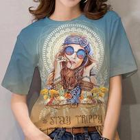 Summer Round Neck Boho Style  Stay Trippy  Graphic 3D Print Top Fashionable Casual Short Sleeved Women's T-shirts XS