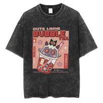 Washed Vintage Game Cult of The Lamb T-shirt Cute Lamb Bubble Tea T Shirts Men Women Clothing Casual Retro Oversized T-shirts S