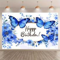 2D Blue Butterfly Happy Birthday Backdrop Photography Background 47.2x31.5inch/120*80cm