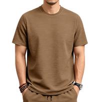 Men Khaki Ribbed Crew Neck Short Sleeve T-Shirt S ruda
