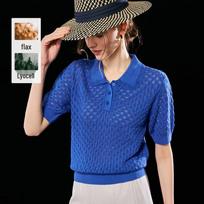 Wudao Women's Polo Crochet Knit Top L safyro mėlyna spalva