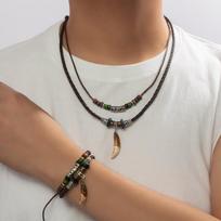 2-piece retro style leather rope woven wooden bead wolf tooth pendant double-layer stacked men's jewelry set