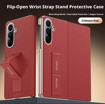 For Samsung Galaxy Z Fold 7 Nappa PU Leather Case Dual Hinge Camera Protection Hand Strap Finger Grip Strap Holder Flip Cover Artificial leather&Galaxy Z Fold7