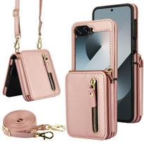 Crossbody Leather Case for Samsung Galaxy Z Flip 6 5 4 Flip6 Flip5 Flip4 Flip3 Zipper Wallet Card Holder Bracket Phone Cover For Samsung Galaxy Z Flip6 rožinio aukso spalvos