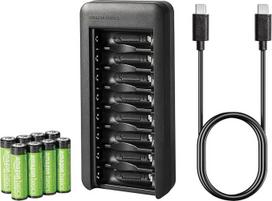 "Amazon Basics" NiMH įkraunamų baterijų rinkinys 8 pakuotės AA baterijos 2000 mAh su įkrovikliu, kuriame yra vietos 8 baterijoms, nėra kintamosios srovės maitinimo adapterio, USB-C prievadas