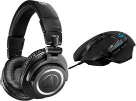 "Audio-Technica M50xBT2" belaidės juodos ausinės ir "Logitech G502 Hero" didelio našumo žaidimų pelė su "Hero" 25 000 DPI optiniu jutikliu