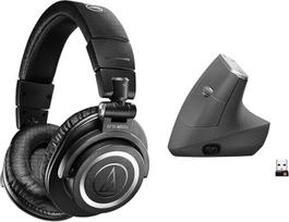 "Audio-Technica M50xBT2" belaidės ausinės juodos spalvos ir "Logitech MX Vertical