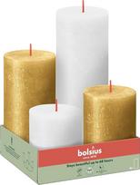 "Bolsius" - "Rustic" 4 pakuotės - aukso ir baltos spalvos - bekvapis - natūralus augalinis vaškas - be palmių aliejaus