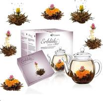 "Creano" žydinti arbata "Abloom Tea" - gėlių arbatos kamuoliukų dovanų rinkinys su 500 ml stikliniu arbatinuku | Juodoji arbata