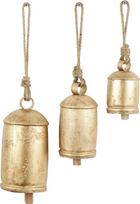 "Deco 79" dekoratyviniai tibetietiško stiliaus metaliniai karvės varpeliai su džiuto virve, 3 vnt., 10", 8", 6" aukščio, aukso spalvos