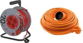 "EMOS Schuko" kabelių ritė, 20 m kabelis, 1 mm skerspjūvio, 4 lizdai, vidaus kabelių ritė, IP 20 apsaugos klasė ir "Zenitech Prolongateur 16A HO5VV-F 2 x 1,5 Orange" 20 m