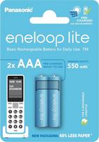 "eneloop Lite", AAA/Micro Ni-MH baterija, 2 vnt., talpa su min. 550 mAh, paruoštos naudoti Ni-MH baterijos, įkraunamos iki 3000 kartų, pakuotė be plastiko, "Lite", mėlyna
