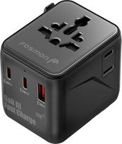 "Fosmon" universalus jungiklis, 20W GaN III Schnellladegerät su 2x USB-C PD ir 1x USB-A, tarptautinis jungiklis, skirtas JAV UK AU Japonijai Japonijai Tailandui, A/C/E/F/G/I tipo jungiklis, juodos spalvos