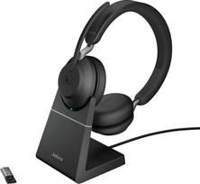 "Jabra Evolve2 65" belaidės kompiuterio ausinės su įkrovimo stovu, slopinančios triukšmą, "Microsoft Teams" sertifikuotos stereofoninės ausinės su ilgai veikiančia baterija, USB-A "Bluetooth" adapteris, juodos spalvos