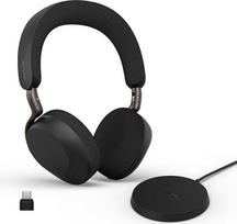 "Jabra Evolve3 75" belaidės "Bluetooth" ausinės su mikrofonu ir įkrovimo stotele biurui, USB-C, AI balso skambučiai, išplėstinis ANC, 22 val. baterija, skirtos internetinių susitikimų programėlėms, juodos spalvos