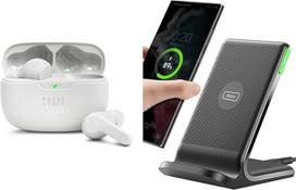"JBL Wave Beam" belaidės ausinės į ausis su IP54 ir IPX2 atsparumu vandeniui, laisvų rankų funkcija ir 32 valandų baterija - baltos spalvos ir INIU belaidžio įkroviklio stovas